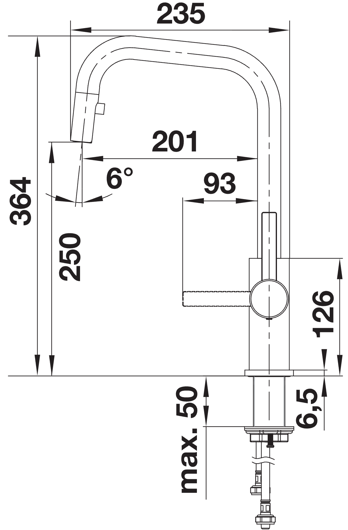 BLANCO Jandora S Single Lever Kitchen Mixer Tap with Pull Out Spray Dimensions