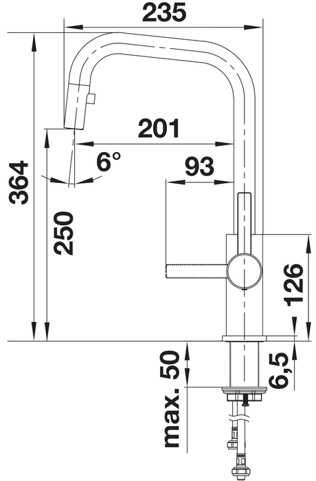 BLANCO Jandora S Single Lever Kitchen Mixer Tap with Pull Out Spray Dimensions