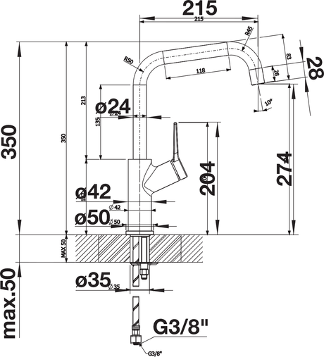 BLANCO Jurena Single Lever Kitchen Mixer Tap Dimensions