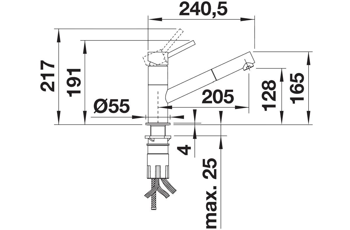 BLANCO Kano-S Single Lever Kitchen Mixer Tap with Pull-Out Spray Dimensions