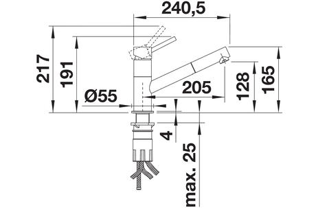 BLANCO Kano-S Single Lever Kitchen Mixer Tap with Pull-Out Spray Dimensions
