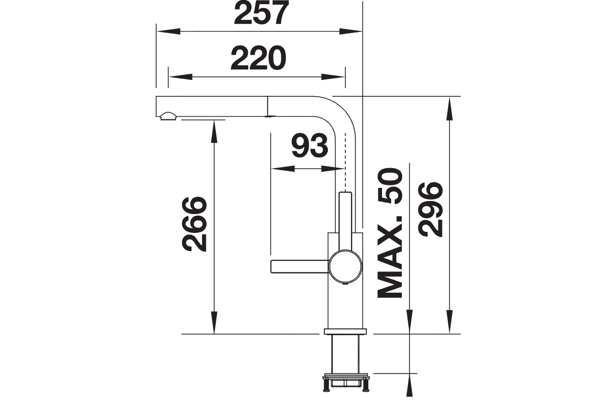 BLANCO Lanora-S Single Lever Kitchen Mixer Tap with Pull Out Spray Dimensions