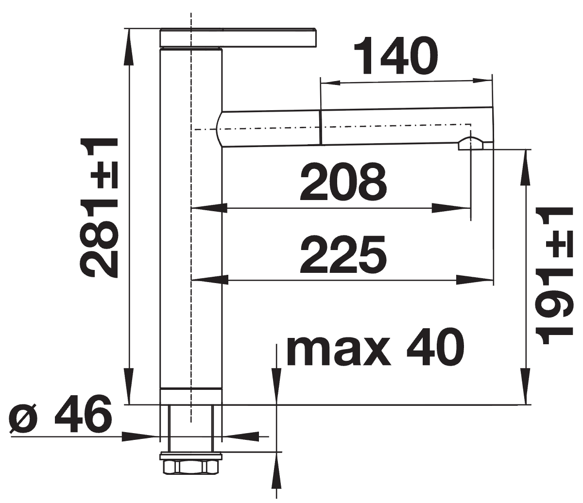BLANCO Linee-S Single Lever Pull Out Kitchen Mixer Tap Dimensions