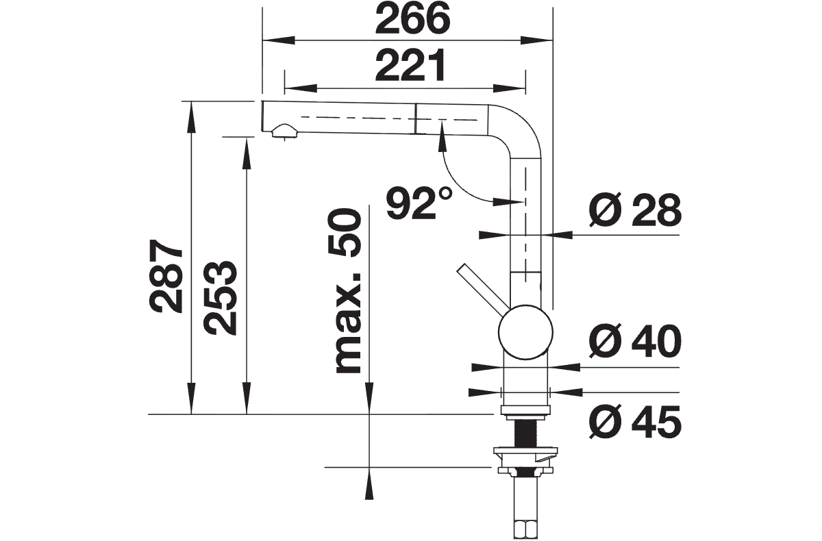 BLANCO Linus-S Single Lever Kitchen Mixer Tap with Pull-Out Spray Dimensions