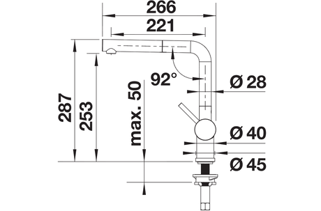 BLANCO Linus-S Single Lever Kitchen Mixer Tap with Pull-Out Spray Dimensions