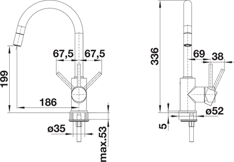 BLANCO Mida-S Single Lever Kitchen Mixer Tap with Pull-Down Handspray Dimensions
