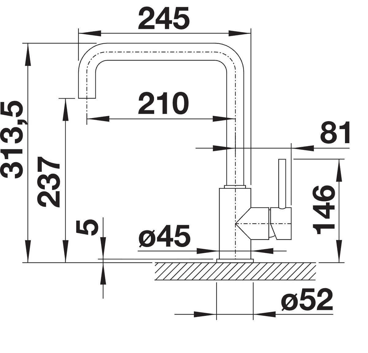 BLANCO Mili Single Lever Kitchen Mixer Tap Dimensions