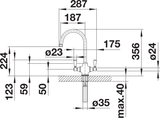 BLANCO Vicus Twin Lever Kitchen Mixer Tap with 360° Swivel Spout Dimensions