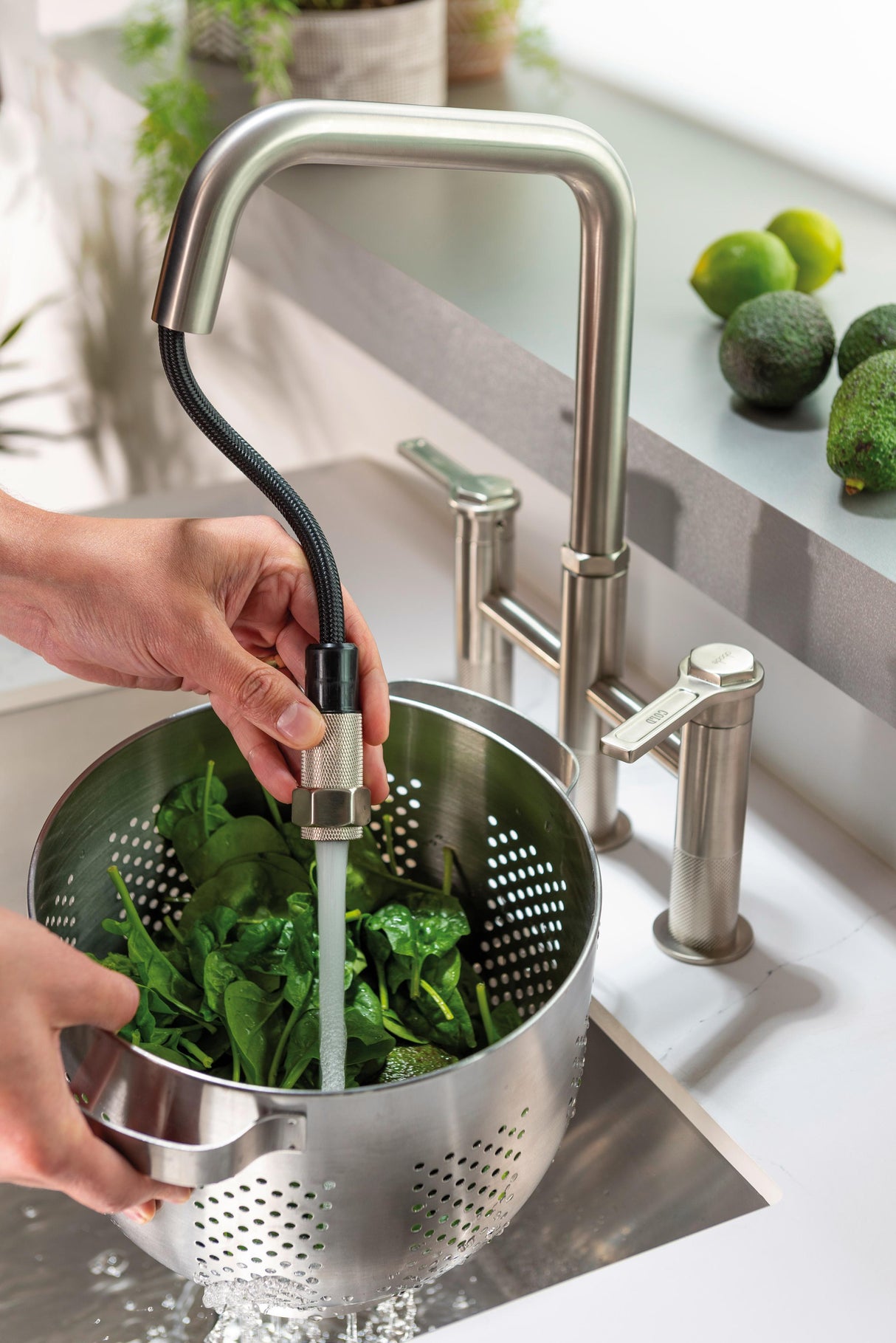 Abode Hex Dual Lever Pull Out Spray Bridge Kitchen Mixer Tap