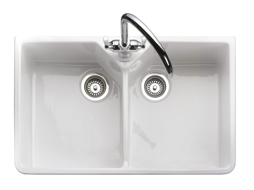 Rangemaster Belfast 2.0 Bowl Kitchen Sink in Fire Clay Ceramic with Large Capacity Bowls & Traditional Farmhouse Aesthetic