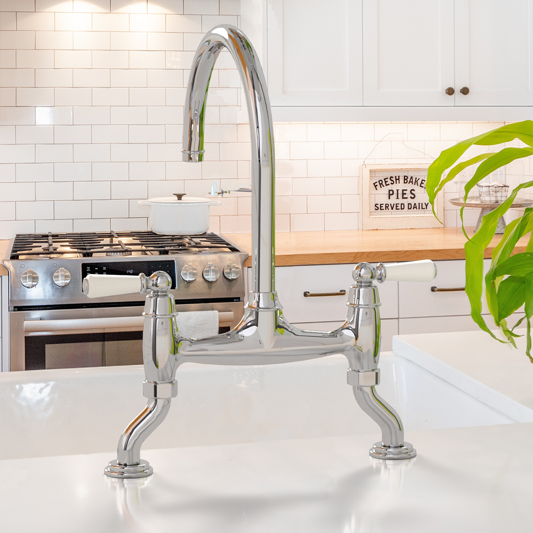 Bidbury & Co. Moreton Bridge Kitchen Mixer Tap with White Tipped Lever Handles & Regal Design
