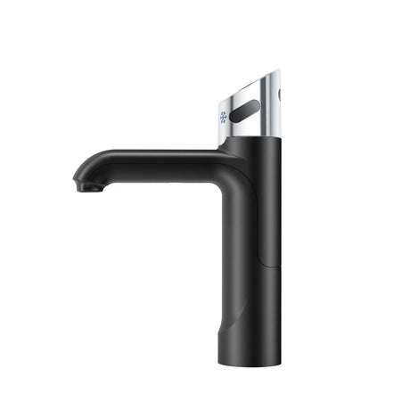 HydroTap G5 Touch Free Wave boiling chilled water tap in black side view against a plain white background
